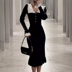 ZESICA Black and White Ruffle Collar and Cuffs Dress